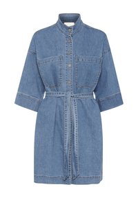 Denim shirt dress with a collar, short sleeves, two chest pockets, and a belted waist. Soft blue fabric with contrasting stitching details.
