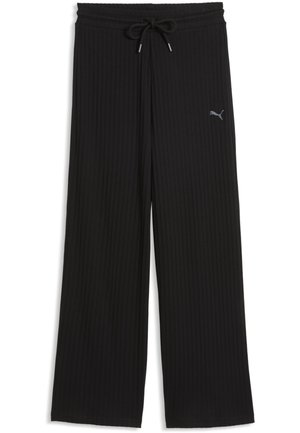 Pantalones anchos de pierna con canalé negros, cinturilla elástica con cordón ajustable y pequeño logo de Puma en el muslo izquierdo