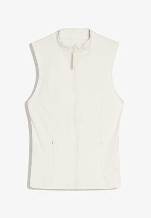 Gilet bianco senza maniche con zip e collo alla coreana, dotato di due tasche frontali con zip, realizzato in tessuto liscio e leggero.