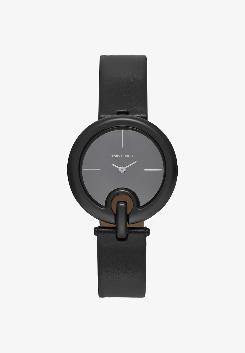 Schwarze Lederarmbanduhr mit rundem schwarzem Gehäuse, grauem minimalistischem Zifferblatt und silbernen Stunden- und Minutenzeigern, mit Tory Burch Markierung.