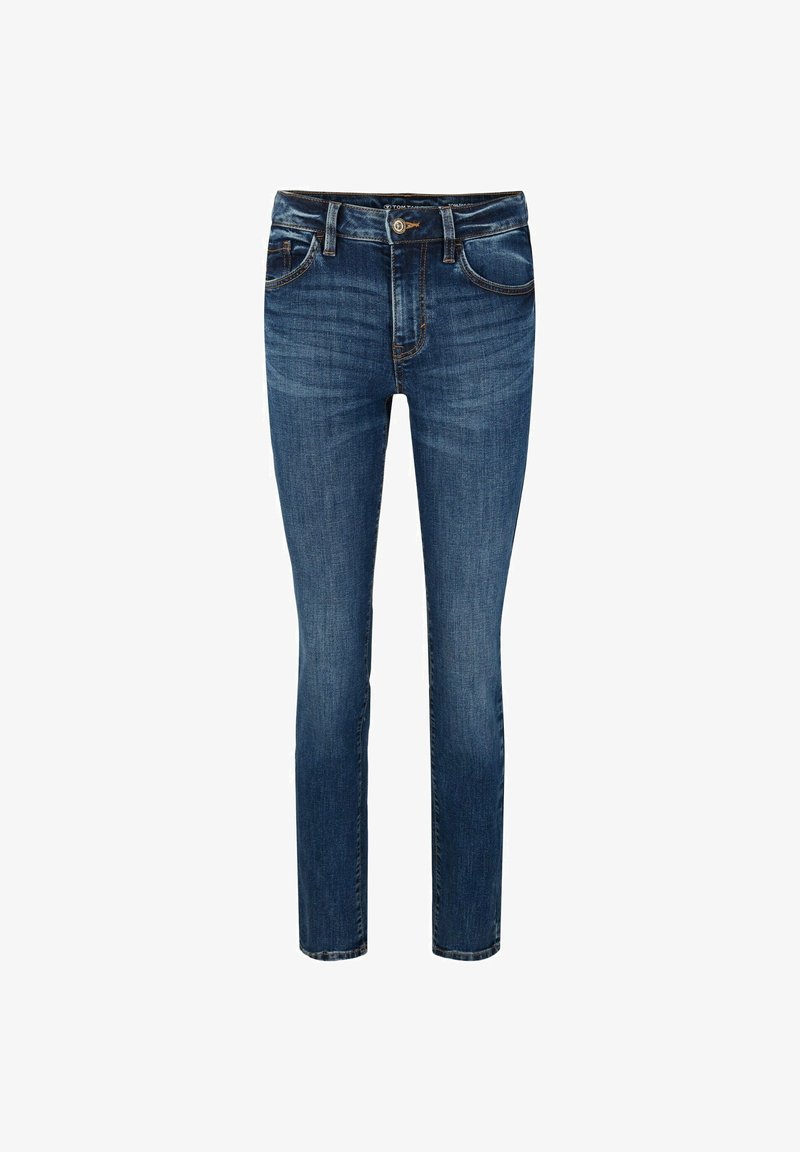 Jean slim bleu foncé avec poches avant, passants de ceinture et fermeture par bouton, avec des détails subtils de décoloration et d'usure.