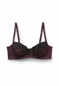 Burgundy bra with padded cups, black lace trim on the top edge, adjustable straps, and a smooth satin finish. Hook-and-eye closure at the back.
