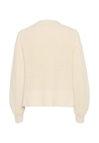 Pull tricoté de couleur crème avec manches longues, poignets et ourlet côtelés, vu de dos sur un fond blanc.