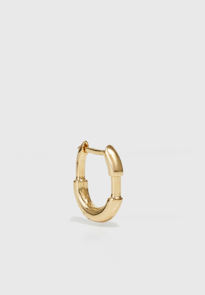Gold hoop earring with a curved shape, polished finish, and a hinge closure. Features a smooth texture and a compact design.