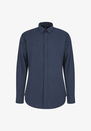 Granatowa koszula z długim rękawem wykonana z wzorzystej tkaniny, z zapięciem na guziki i kołnierzykiem, z niebieskimi guzikami i regularnym krojem.