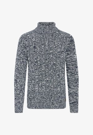 Sweter dzianinowy z wysokim kołnierzem, z teksturowanym niebiesko-białym wzorem. Długie rękawy oraz prążkowane mankiety i dół dodatkowo dodają szczegółów.