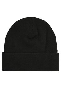 Svart stickad mössa med en åtsittande passform, som har en vikbar kant och slät textur, tillverkad av mjukt, elastiskt material. Inga mönster eller detaljer.