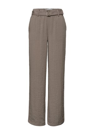 Pantalones anchos de tiro alto en color topo con tejido texturizado, con bolsillos laterales y un cinturón a juego con hebilla cuadrada.