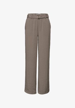 Hoch taillierte, weit geschnittene Hose in Taupe mit strukturiertem Stoff, seitlichen Taschen und passendem Gürtel mit quadratischer Schnalle.