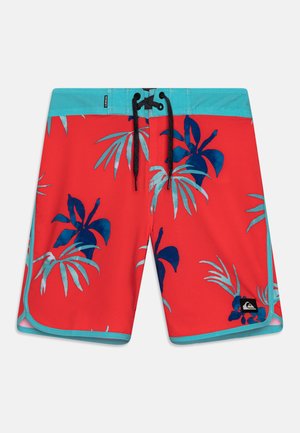 Röda badshorts med blå och teal blomstertryck. Har en justerbar midja med svarta dragskor och en liten logotagg.