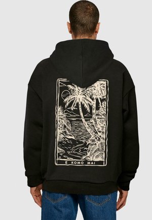 Black hoodie featuring a large white palm tree and ocean graphic on the back, with a textured design and relaxed fit.