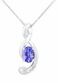 Colgante de plata con diseño de infinito retorcido que sostiene una gema ovalada y facetada de color violeta, en una cadena fina de plata.