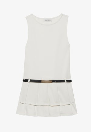 Biele bezrukávové šaty s plisovanou sukňou, s čiernym opaskom a zlatými detailmi. Hladká tkanina a priliehavý strih.