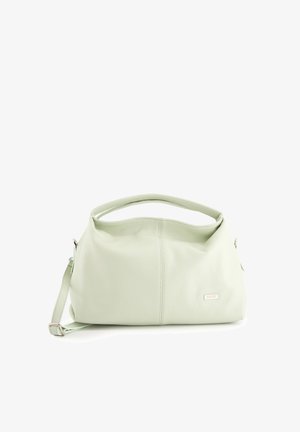 Sac à main en cuir vert clair avec une surface texturée, forme arrondie, une anse supérieure et une bandoulière ajustable. Quincaillerie en argent.