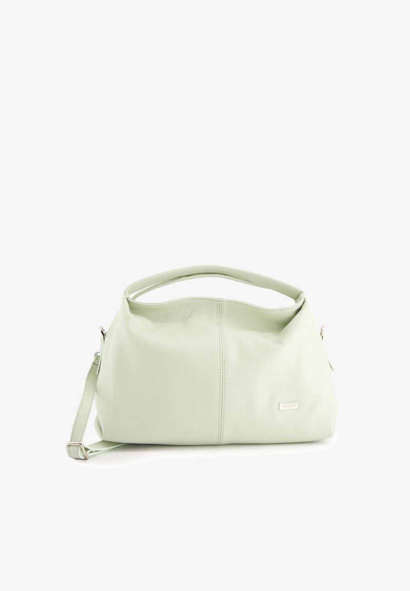 Hellgrünes Lederhandtasche mit strukturiertem Oberflächen, runder Form, einem Oberhandgriff und einem verstellbaren Schultergurt. Akzentuierung mit silbernem Beschlag.