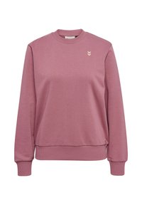 Fleece sweatshirt i blød lyserød med rund hals, ribbede manchetter og søm; har et lille, broderet chevronlogo på brystet.