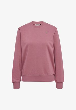 Fleece sweatshirt i blød lyserød med rund hals, ribbede manchetter og søm; har et lille, broderet chevronlogo på brystet.