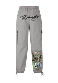 Graue Cargohosen verfügen über einen Kordelzug am Saum, einen elastischen Bund, große Seitentaschen und eine farbenfrohe, gestickte Grafik mit einem Schädel- und Adlerdesign.