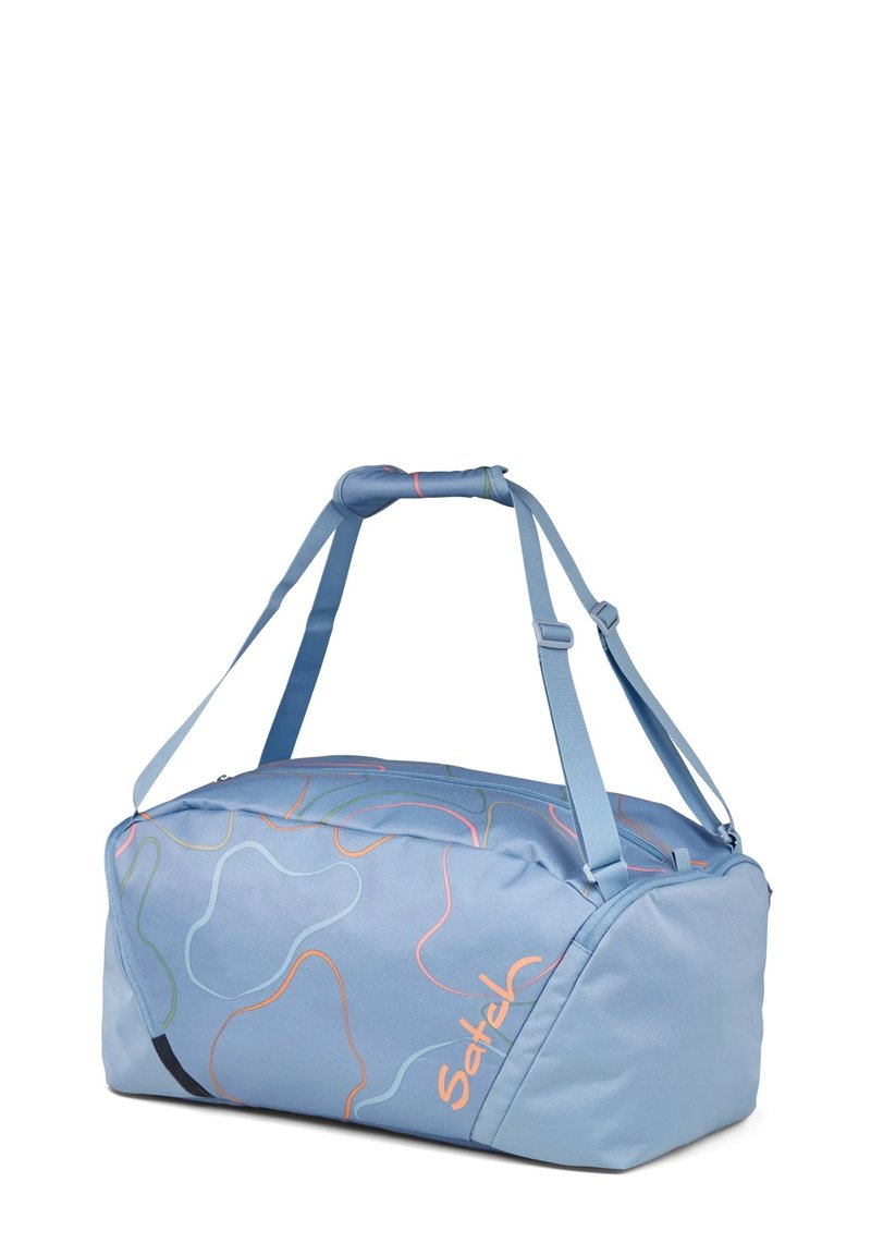 Helles blaues Duffelbag aus weichem Stoff mit bunten abstrakten Mustern. Verfügt über doppelte Tragegurte und einen Reißverschluss oben.