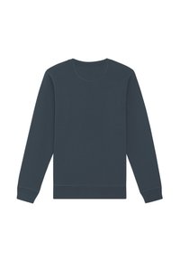 Sweat-shirt bleu foncé à manches longues, col rond, bords côtelés aux poignets et à l'ourlet. Fabriqué en tissu doux et texturé avec des détails de couture minimaux.
