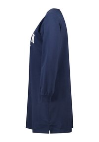 Robe bleu marine à manches longues en coton, avec un col rond, des poignets élastiques et une coupe droite avec des fentes latérales pour plus de mobilité.