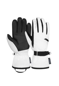 White winter gloves with black leather palms, adjustable wrist straps, and a softshell design featuring a quilted pattern.