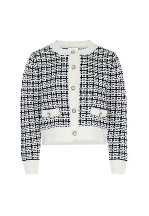 Black and white tweed cardigan featuring a round collar, six gold-tone buttons, and two front pockets with ribbed cuffs and hem.