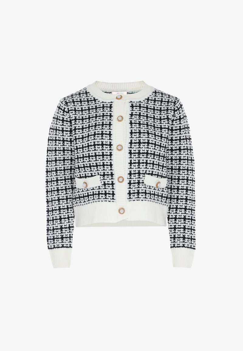Cardigan in tweed bianco e nero con collo tondo, sei bottoni dorati e due tasche frontali, con polsini e orlo a coste.