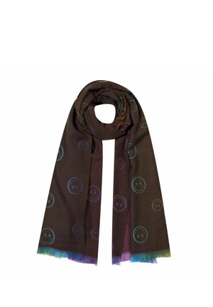 Dark brown scarf with multicolored smiley face patterns and fringed edges in shades of blue, purple, and green, folded and looped.