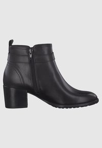 Černá kožená kotníková bota s kulatou špičkou, bočním zipem a blokovým podpatkem o výšce 6,5 cm. Vyznačuje se minimálním prošíváním a hladkým povrchem.