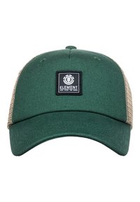 Cappello verde con visiera curva e retro a rete beige. Presenta un logo quadrato nero con testo bianco sul davanti.