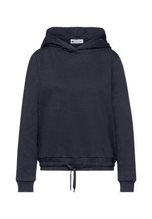 Marineblauer Kapuzenpullover mit langen Ärmeln, gerippten Bündchen und Kordelzug am Saum, ohne sichtbare Logos oder Muster.