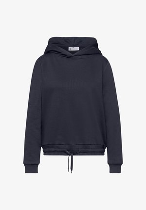 Donkerblauw longsleeve hoodie met geribbelde manchetten en trekkoord aan de zoom, zonder zichtbare logo's of patronen.