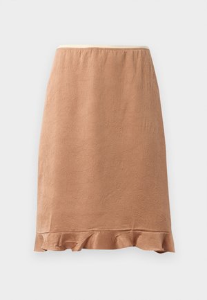 Brun strukturert skjørt med volangkant, laget av et mykt stoff som henger lett, designet med elastisk strikk i livet for komfort.
