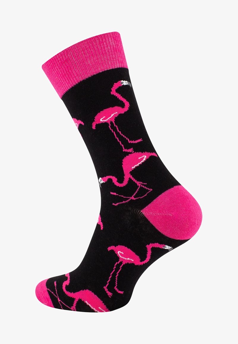 Calzini neri con un motivo di fenicotteri rosa, con un vivace bordo a coste rosa e sezioni del tallone e delle punte in rosa solido.