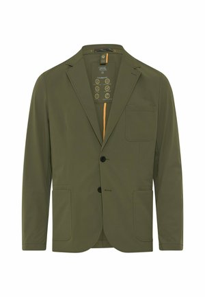 Olivengrøn herreblazer med to frontlommer, brystlomme, notch-lapel og lukning med to knapper.