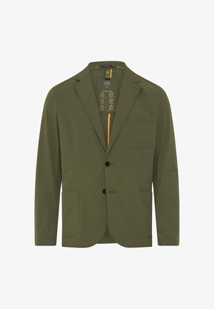 Olivengrøn herreblazer med to frontlommer, brystlomme, notch-lapel og lukning med to knapper.