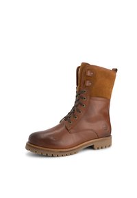 Bruine leren en suede enkellaarzen met vetersluiting aan de voorkant, contrasterende tan bovenkant, rubberen zool en decoratieve knopen op de schacht.