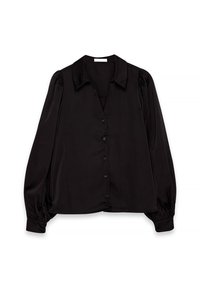 Black satin blouse with a collar, button closure, and puffed long sleeves; smooth texture and relaxed fit.