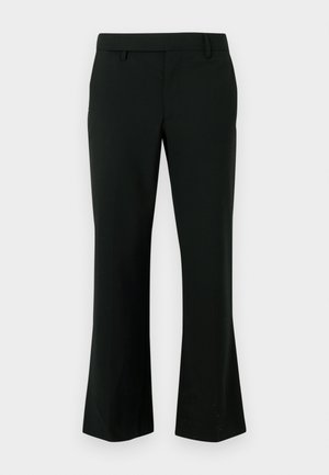 Pantalon noir évasé avec une texture lisse et tissée, doté d'une taille ajustée. Conçu avec une coupe droite au niveau des hanches et des cuisses.
