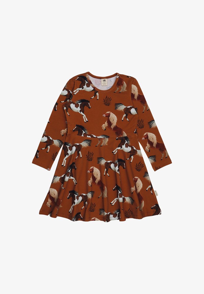 Langärmliges Kleid in rostrot mit einem Pferdedruck. Hergestellt aus weichem Stoff, mit ausgestelltem Rock und rundem Halsauschnitt.