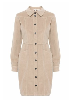 Lichtbeige corduroy overhemdjurk met een knoopsluiting aan de voorkant, een puntige kraag, lange mouwen, twee zijzakken en zwarte knopen.