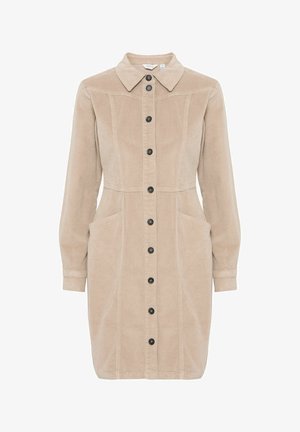 Padded skjortekjole i lys beige, med knaplukning foran, pointed krave, lange ærmer, to sidelommer og sorte knapper.