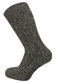 Stricksocke in Dunkelgrau mit einem strukturierten Rippmuster. Verfügt über eine verstärkte Ferse und Spitze, die Haltbarkeit und Wärme bieten.