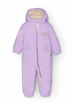 Purple insulated one-piece suit with a hood, zip closure, side pockets, and faux fur lining. Elastic cuffs at sleeves and ankles.