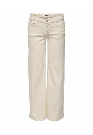 Kremowe dżinsy z wysokim stanem, zapinane na guzik i suwak, z kieszeniami z przodu i z tyłu oraz luźnym prostym krojem nogawek.