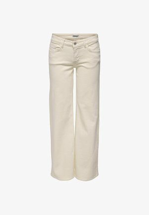 Kremowe dżinsy z wysokim stanem, zapinane na guzik i suwak, z kieszeniami z przodu i z tyłu oraz luźnym prostym krojem nogawek.