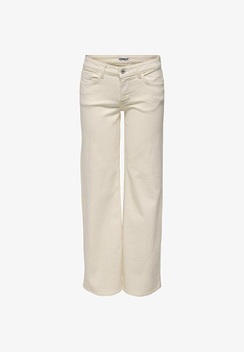 Jeans color crema a vita alta con chiusura a bottone e cerniera, tasche anteriori e posteriori, e vestibilità rilassata a gamba dritta.