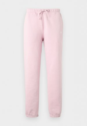 Light pink sweatpants with elastic cuffs and waistband, featuring a front drawstring and small white logo on the upper left thigh.