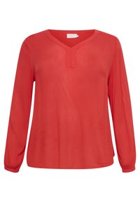 Blouse rouge à manches longues avec un col en V, fabriquée en tissu léger. Elle présente un éclat subtil et une coupe ample avec des manches froncées.